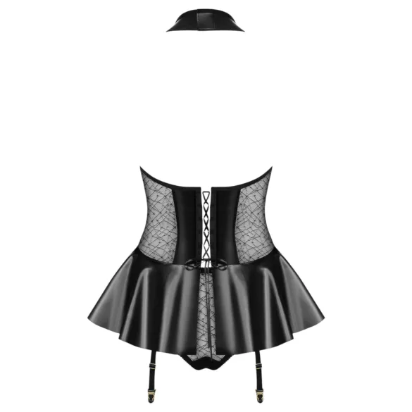 Obsessive - corset și tanga cu efect de lac (negru) - L/XL