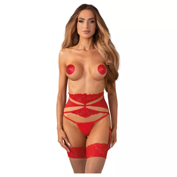 Obsessive - portjartier cu dantelă și lanțuri - roșu - L/XL