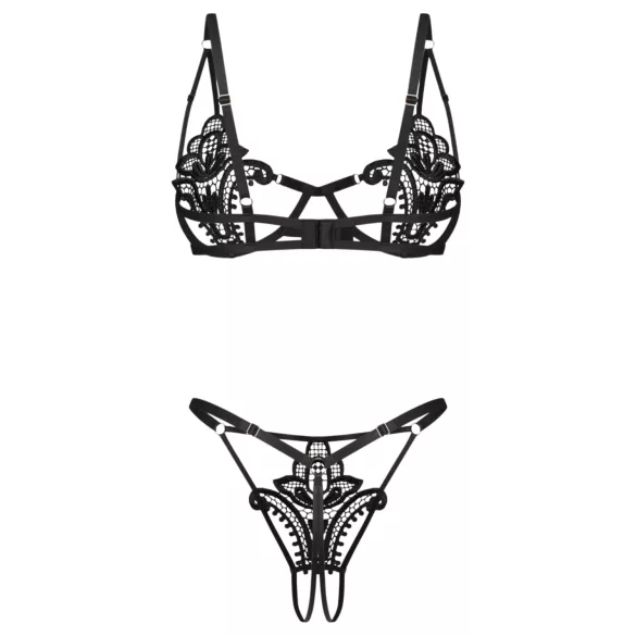 Obsessive Luise - set lenjerie intimă din 2 piese cu lalele (negru) - L/XL