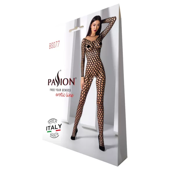 Passion BS077 - catsuit cu mâneci lungi din plasă - negru - S-L