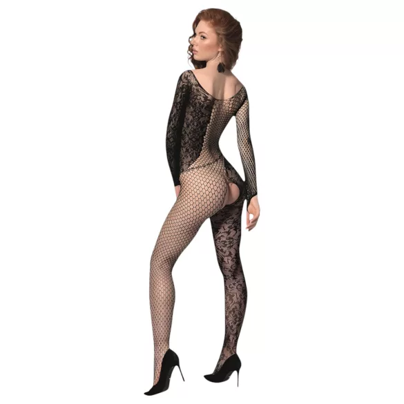 Passion BS107 - catsuit din plasă cu model floral - negru - S-L
