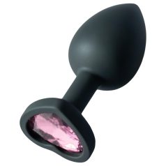  Sunfo - plug anal silicon cu piatră roz în formă de inimă (negru)