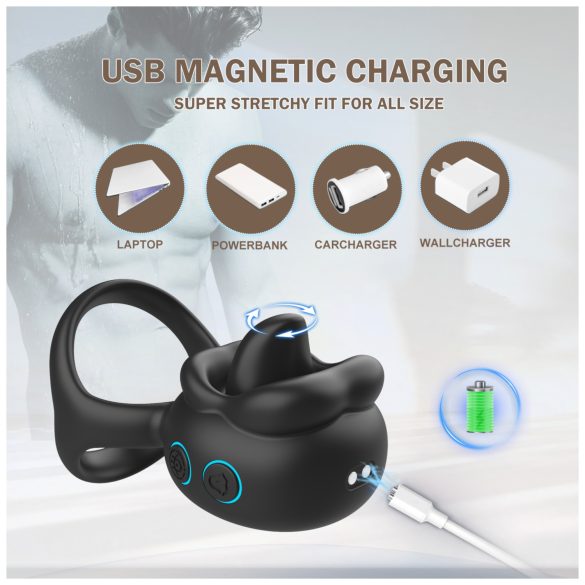 Biu-Biu - inel pentru penis și vibrator clitoridian cu lins - negru