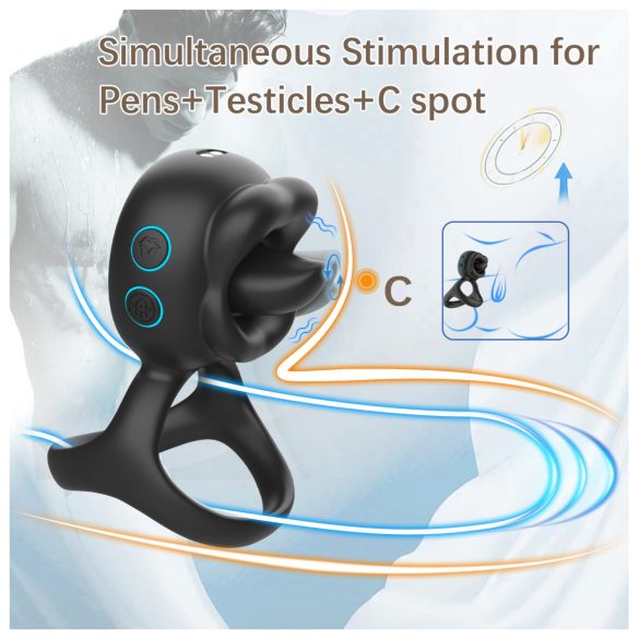 Biu-Biu - inel pentru penis și vibrator clitoridian cu lins - negru