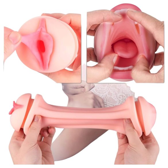 Vibeconnect - masturbator realist gură și vagin artificial - silicon natur-negru