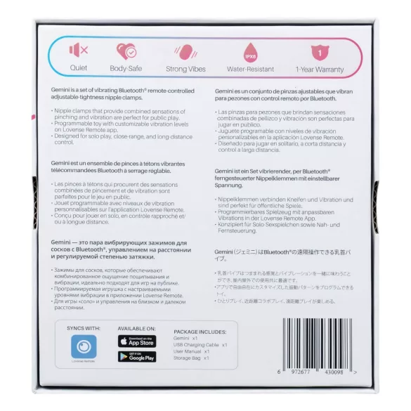 Lovense Gemini - Cleme pentru sfârcuri cu vibrații controlate prin aplicație (roz)
