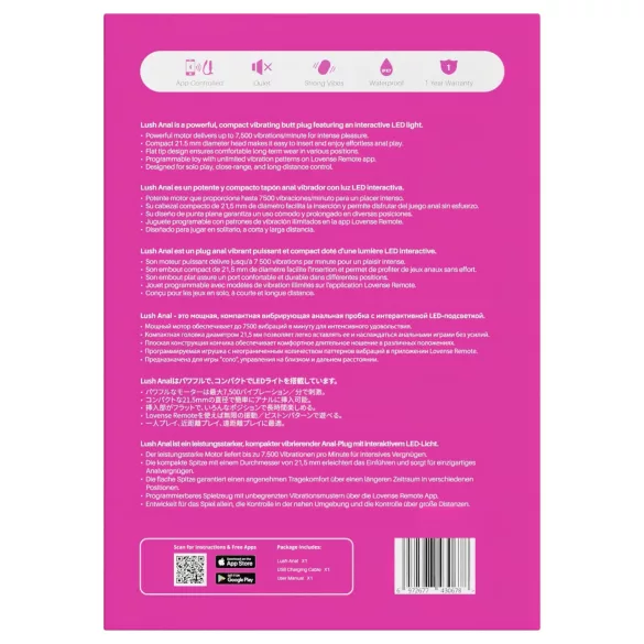 Lovense Lush Anal - vibrator anal controlat prin aplicație, cu LED - roz