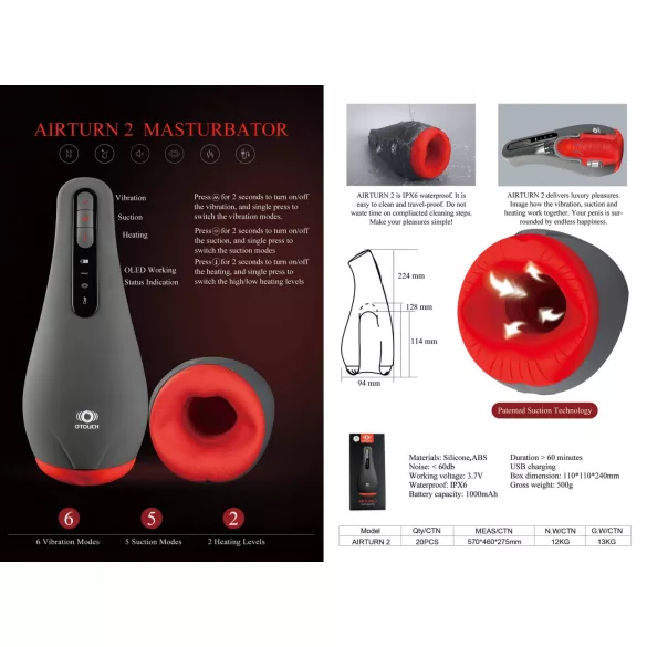 OTOUCH Airturn 2 - masturbator automat cu aspirație - negru - reîncărcabil