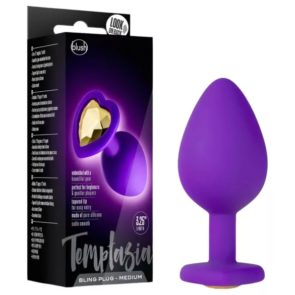 Temptasia M - dildo anal cu inimă și pietre aurii - mov - mărime medie