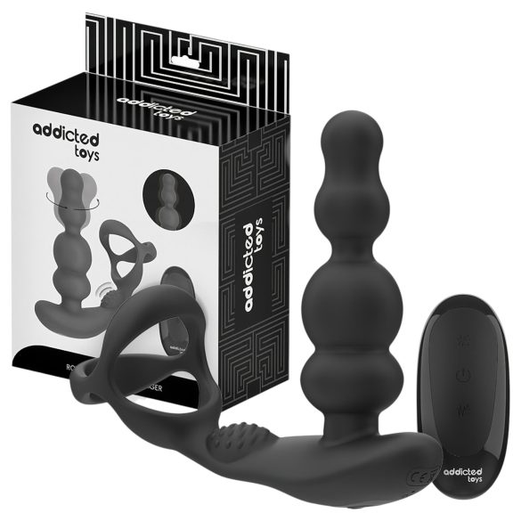Addicted Toys - vibrator anal rotativ cu cap mobil și inel pentru penis - negru