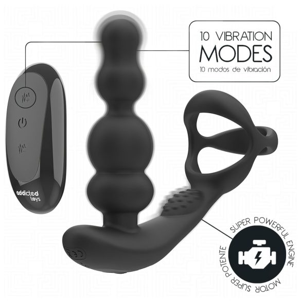 Addicted Toys - vibrator anal rotativ cu cap mobil și inel pentru penis - negru