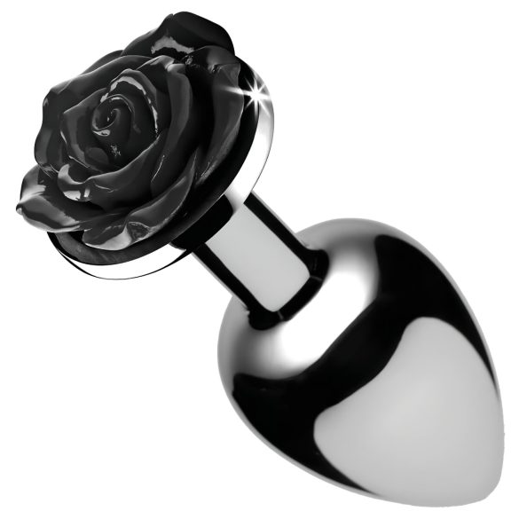 Booty Sparks Black Rose - plug anal din aluminiu (argintiu-negru)