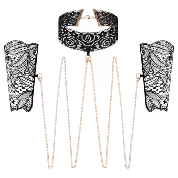 Rosy Gold - set zgardă și cătușe pentru mâini - piele sintetică neagră