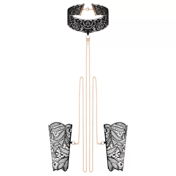 Rosy Gold - set zgardă și cătușe pentru mâini - piele sintetică neagră