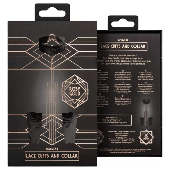 Rosy Gold - set zgardă și cătușe pentru mâini - piele sintetică neagră