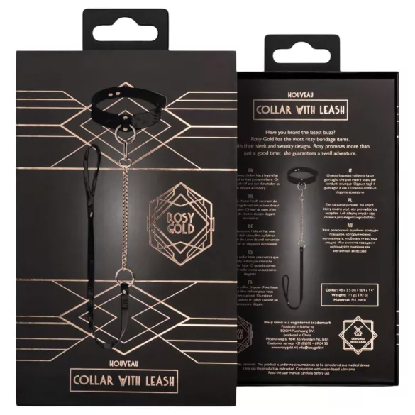 Rosy Gold - zgardă și lesă - piele neagră cu detalii roz auriu