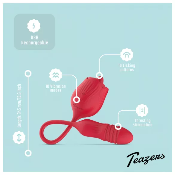 Teazers Rose - vibrator de împingere cu stimulare clitoridiană cu limbă (roșu)