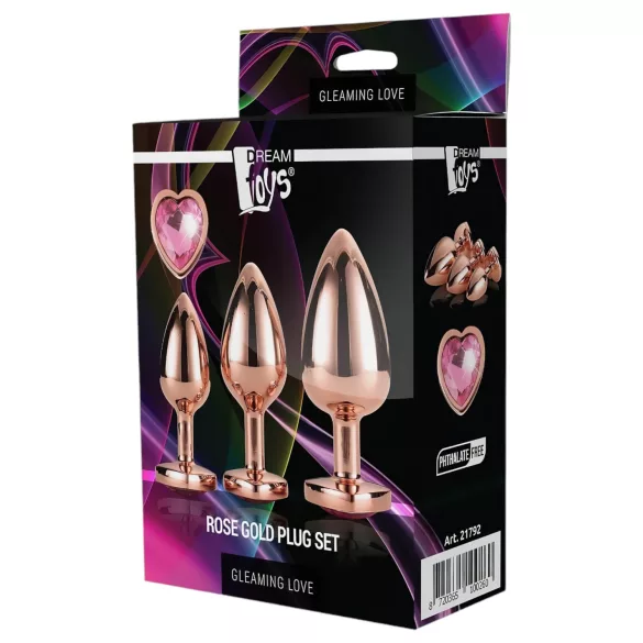 Gleaming Love - set plug anal inimă - rosegold - 3 piese