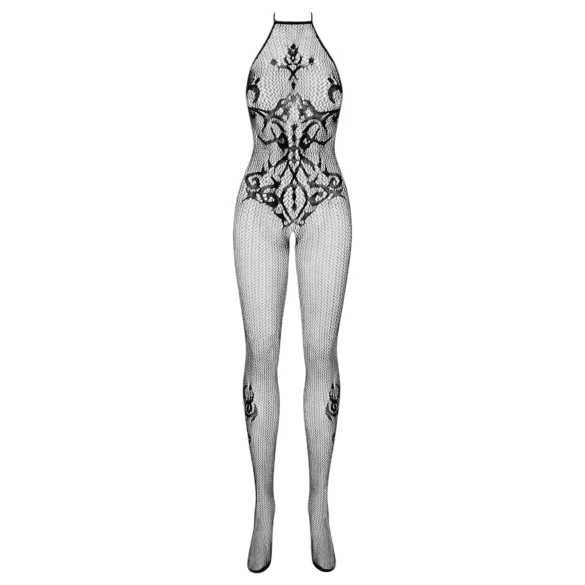 Obsessive - catsuit sexy dantelat cu guler, plasă neagră, mărime S-L