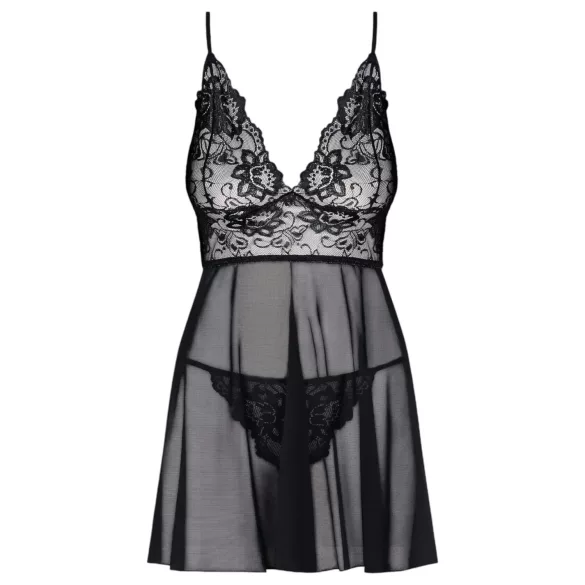 Idilă obsesivă - cămașă de noapte lejeră, din dantelă, și tanga (negru) - L/XL