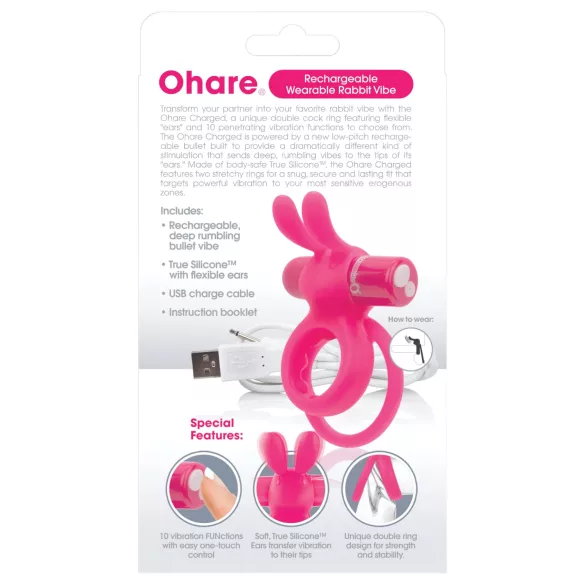 Screaming O Ohare - inel pentru penis cu vibrații și iepuraș - roz, reîncărcabil
