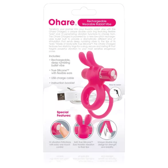 Screaming O Ohare - inel pentru penis cu vibrații și iepuraș - roz, reîncărcabil