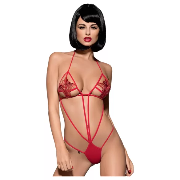 Obsessive Luiza - body roșu cu bretele și model cu lalele (S/M)